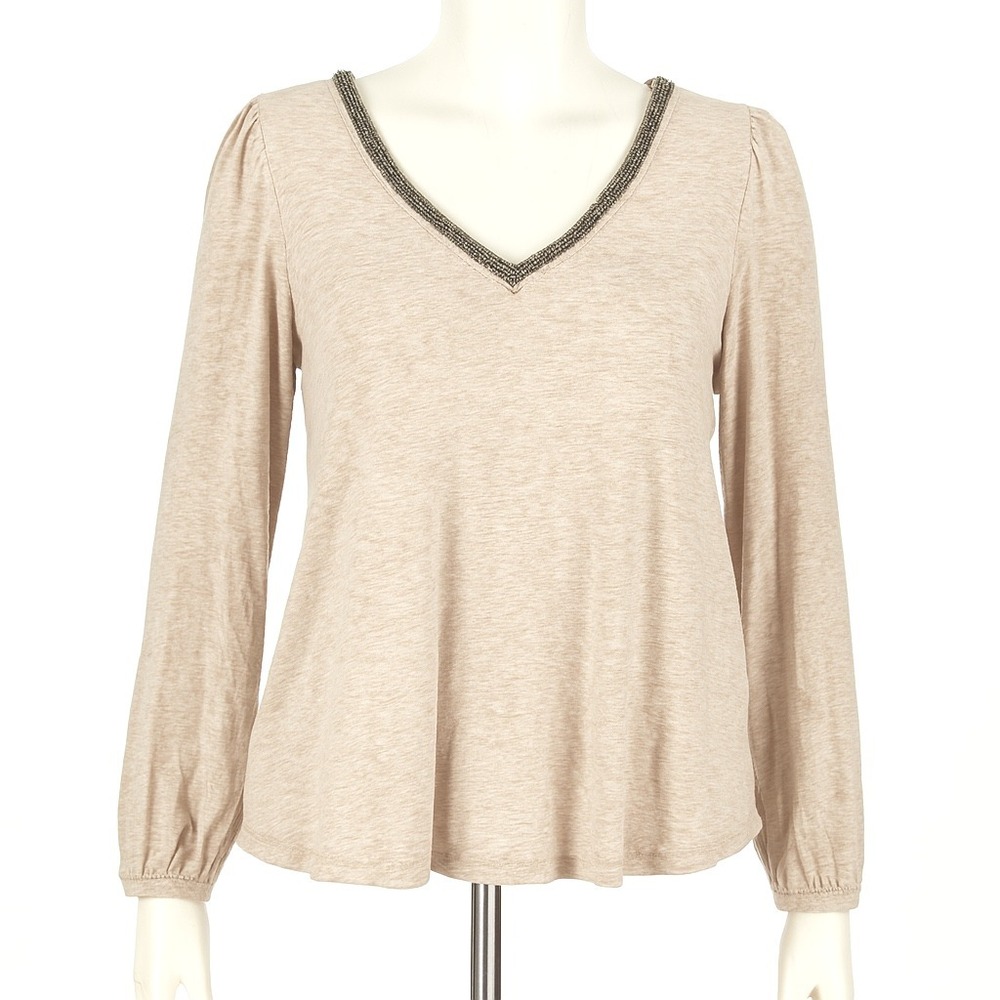 Lauren‎ Ralph Lauren Black Label Top Womens L Beige Long Sleeve V-Neck Blouse